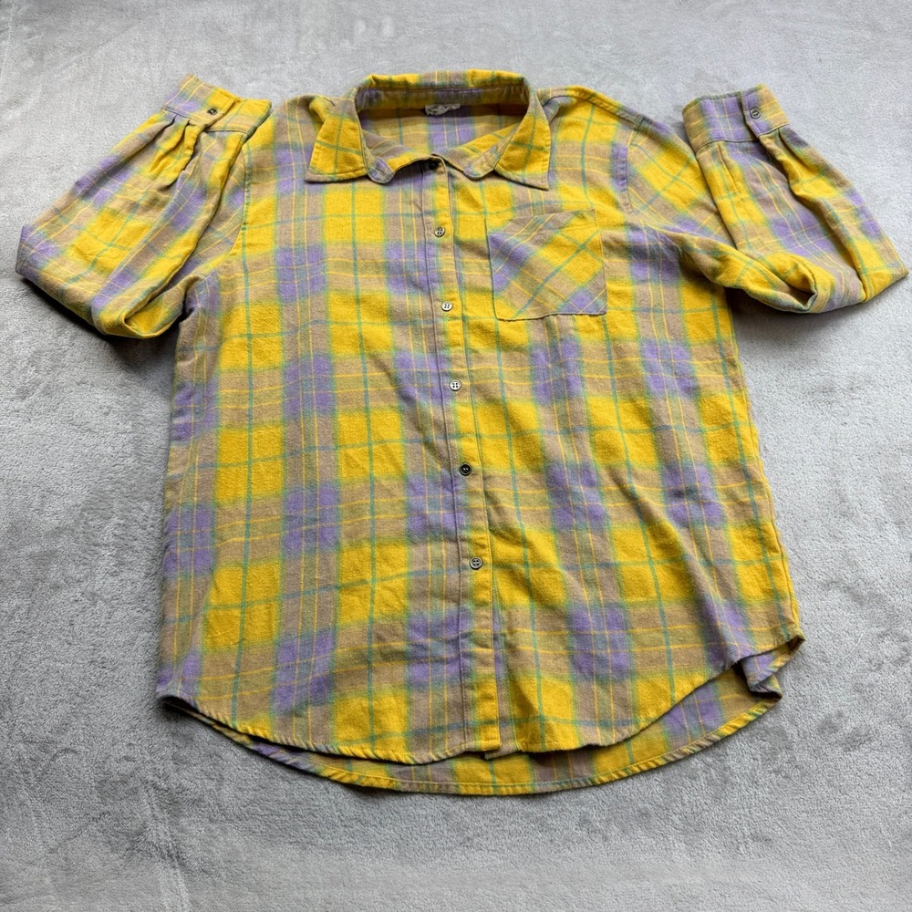 La Miel Flannel Shirt Women L Yellow Purple Plaid Button Grunge Retro Cabincore
